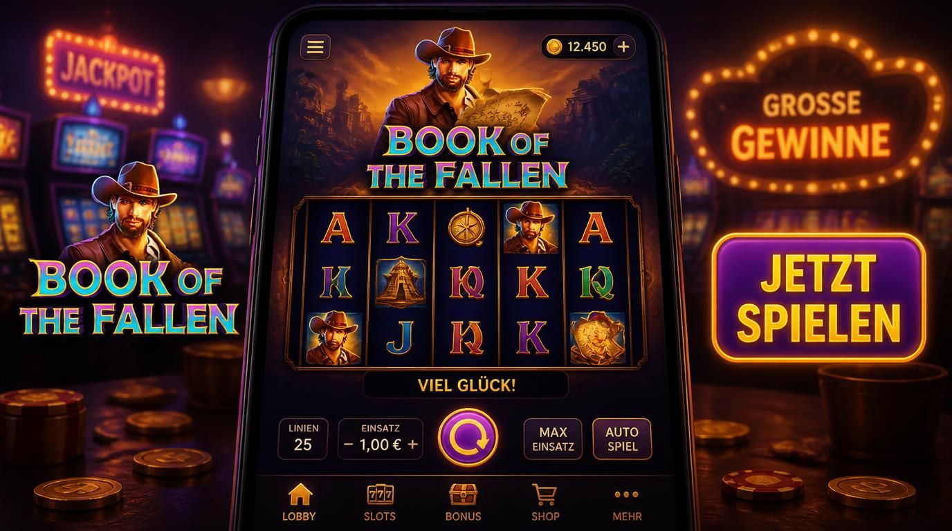 Ein Spieler hält ein Smartphone mit Book Of The Fallen, Walzen drehen unter leuchtenden Farben
