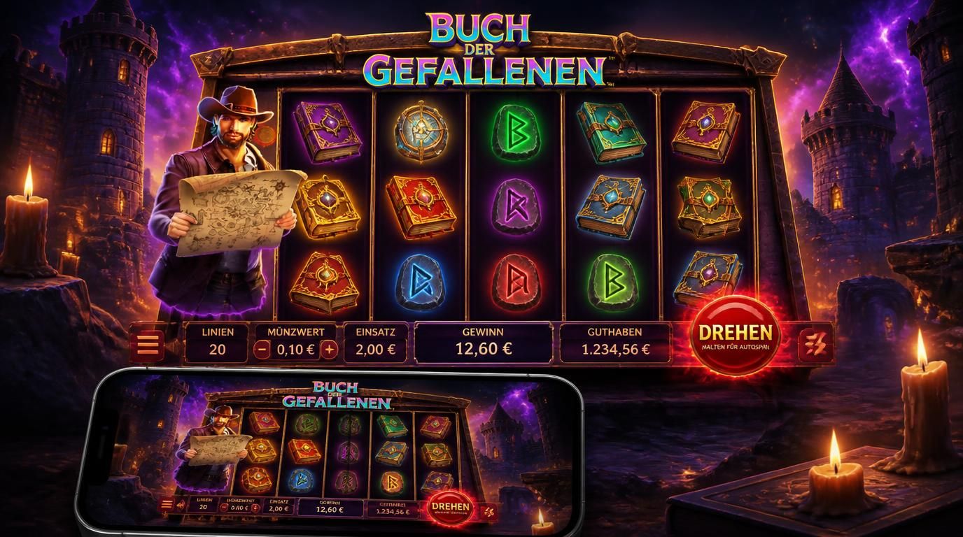Ein düsteres Spielautomaten-Interface mit Buchsymbolen in rötlicher Atmosphäre